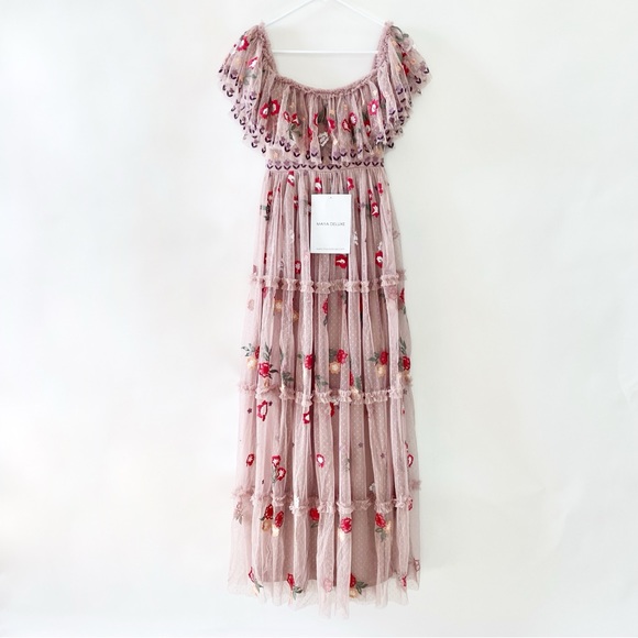 NWT Maya Deluxe Floral Embroidered Off Shoulder Ruffle Maxi Gown Dress Pink 2 - Picture 8 of 15